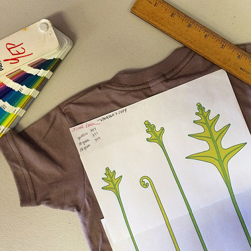 Print out of 4 fern shoots laying on a blank t-shirt with nearby ruler and Pantone color booklet.